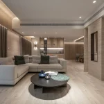 2026 室內設計客廳展示，天花板與展示櫃採用現代間接照明燈帶設計，賦予沙發與木質家具深邃的層次感